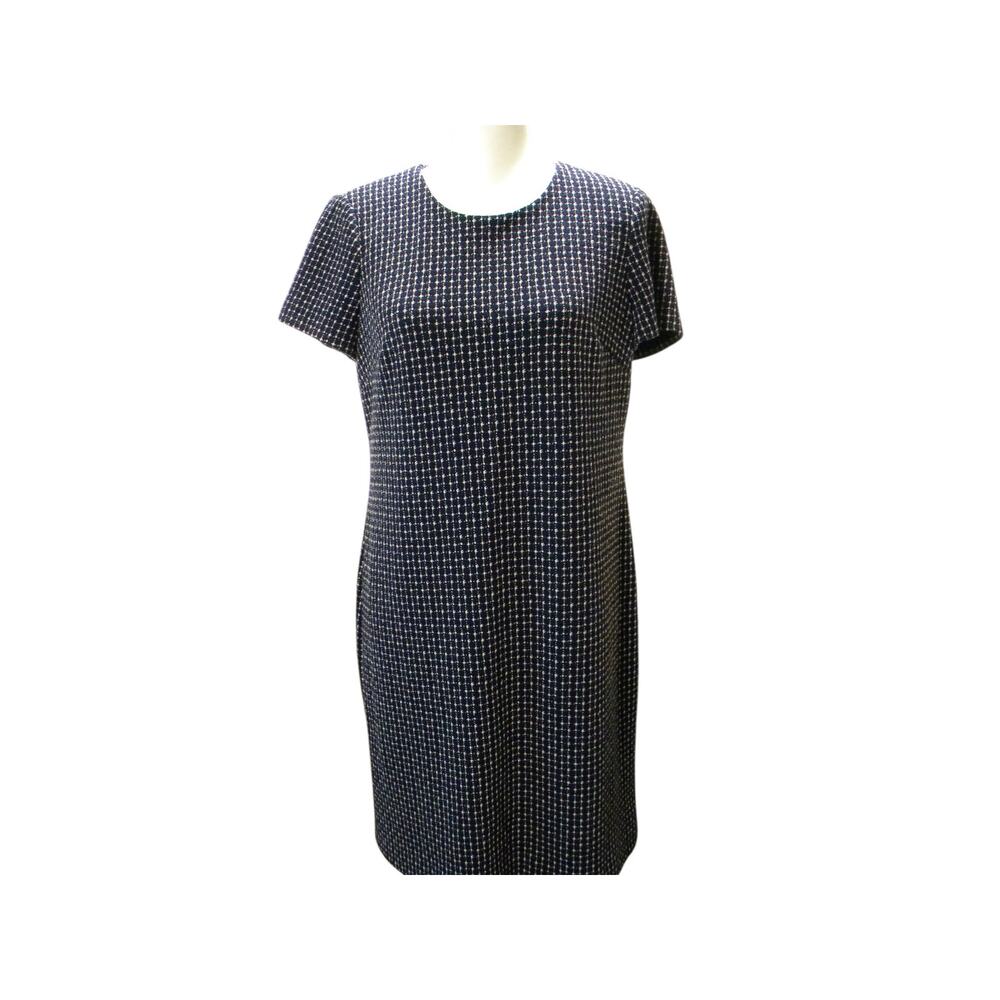Calvin Klein Navy White Cotton Short Sleeve Sheath Dress Exposed Gold Zipper‎ 10